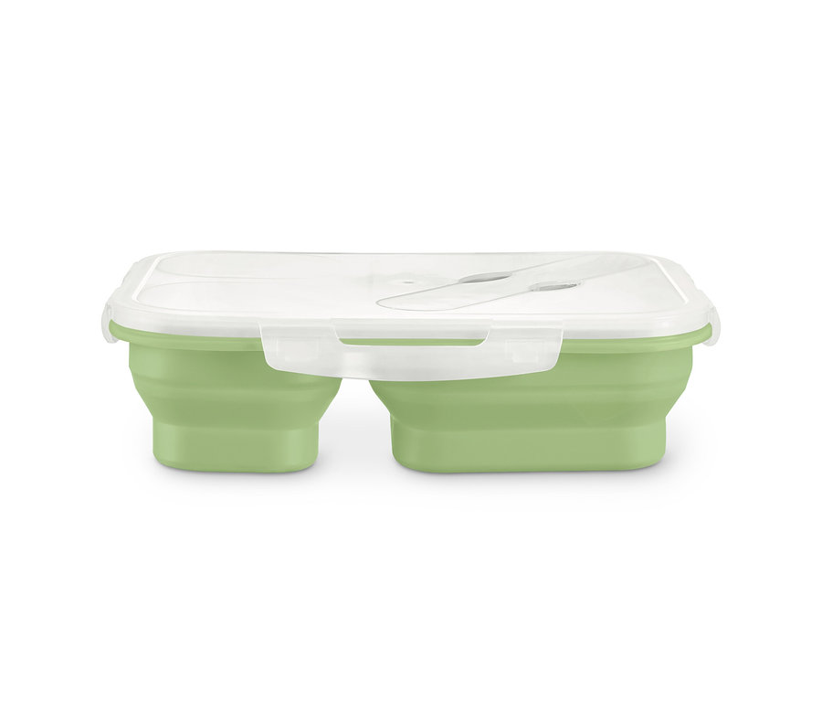 Eine grüne, faltbare Lunchbox mit transparentem Deckel.