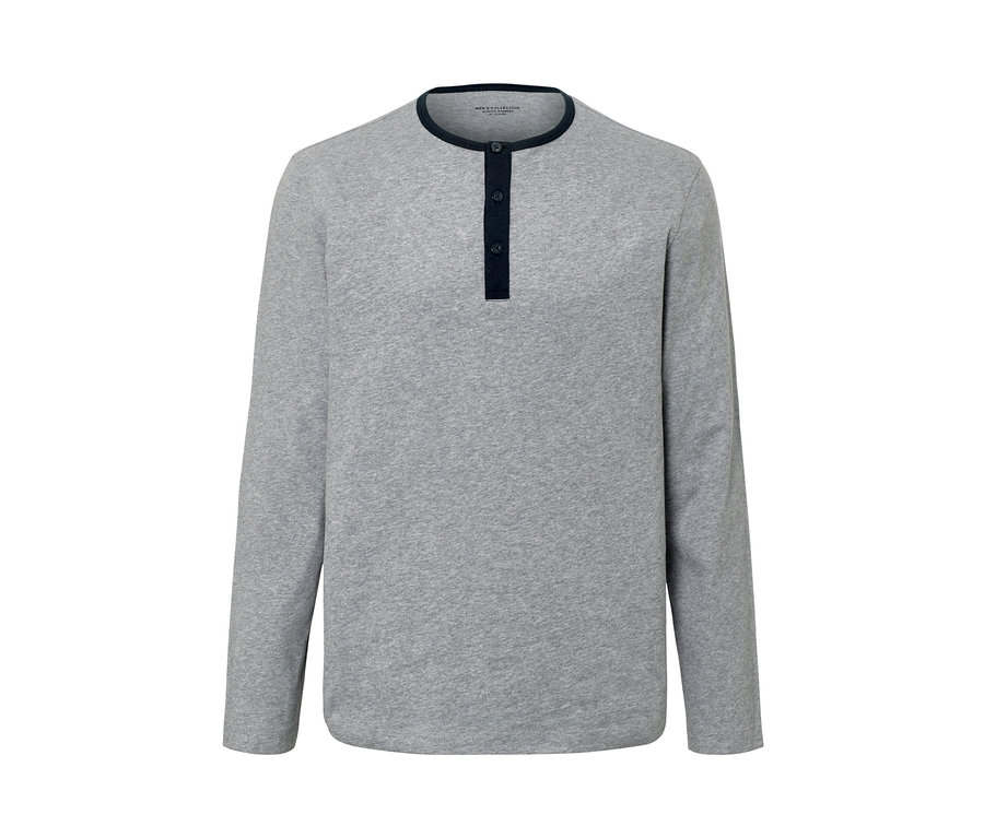 Graues Pyjama-Shirt mit langen Ärmeln und Knöpfen.