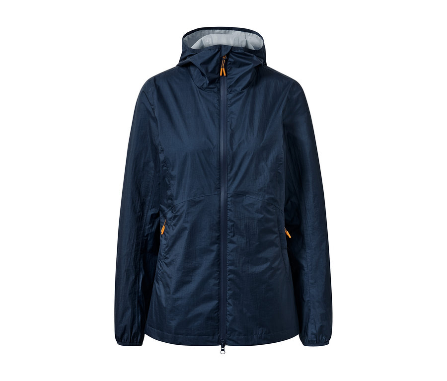Dunkelblaue, packbare Regenjacke.
