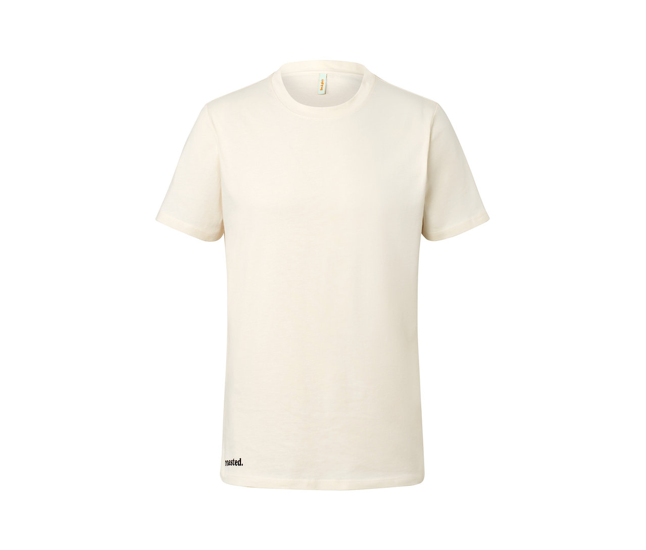 Ein cremefarbenes T-Shirt »roasted.« mit Aufdruck.