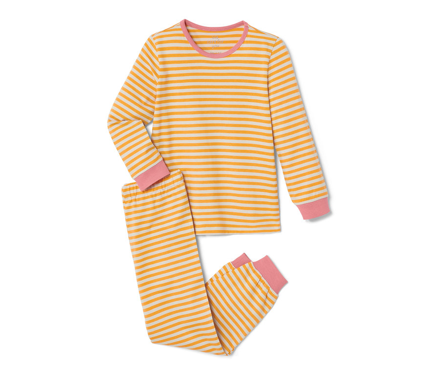 Gelb-weiss gestreifter 2 Kleinkind-Pyjamas mit rosa Bündchen.