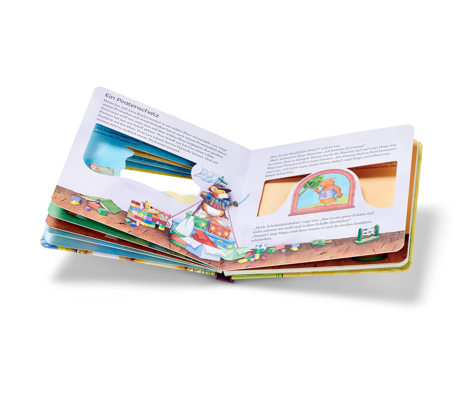 Geöffnetes Buch mit Illustrationen. Buch »Leo Lausemaus – meine Freundschaftsgeschichten«.