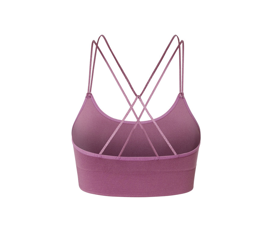 Nahaufnahme der Rückseite eines lila Seamless-Sport-Bustiers mit gekreuzten Trägern.