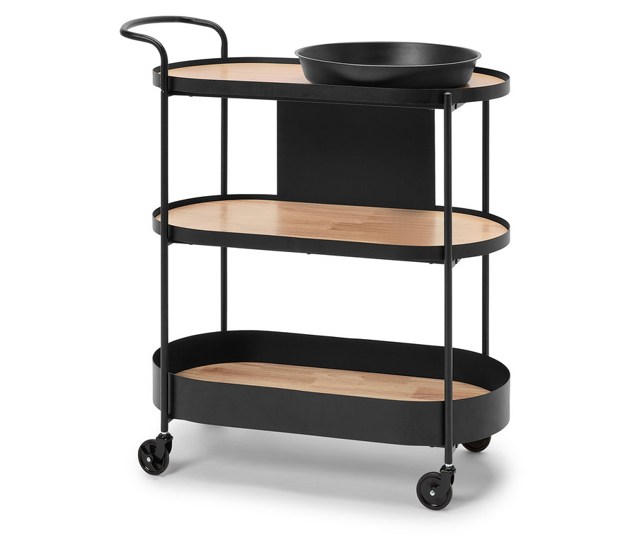 Schwarzer Servierwagen mit drei Holzablagen und einer schwarzen Schale auf der obersten Ablage.