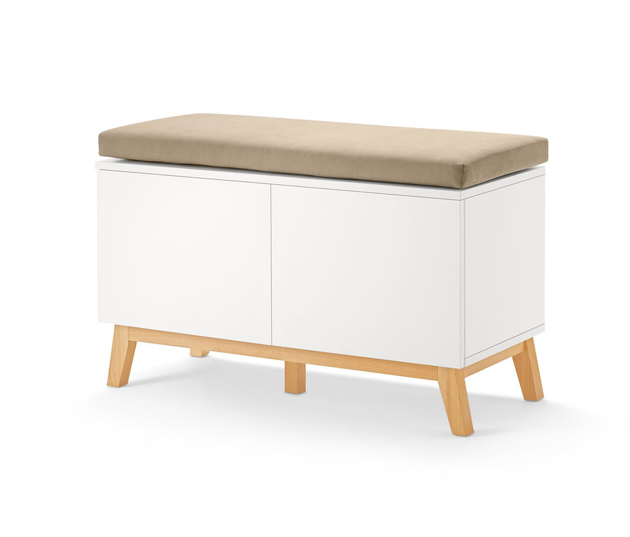 Weiße Sitzbank mit Stauraumfächern und beigem Kissen oben.