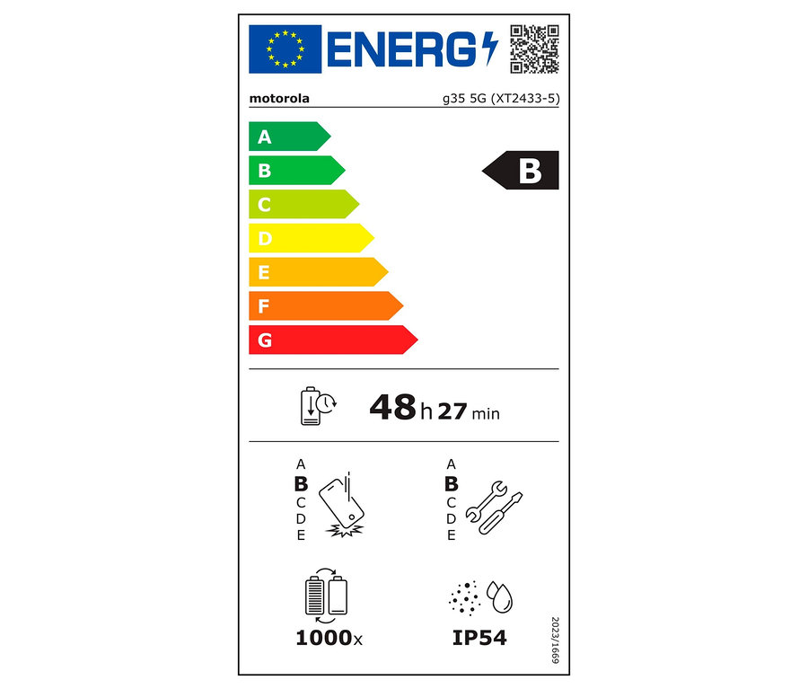 Energielabel eines Geräts mit B-Klasse, 48h 27min Betriebszeit und IP54-Schutz.
