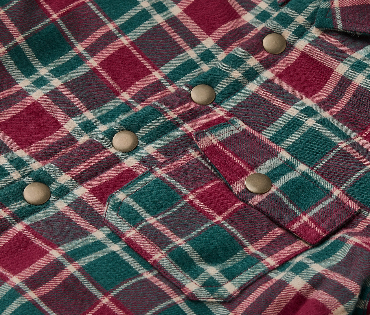 Detail einer karierten Kinder-Flanelljacke mit Druckknöpfen.