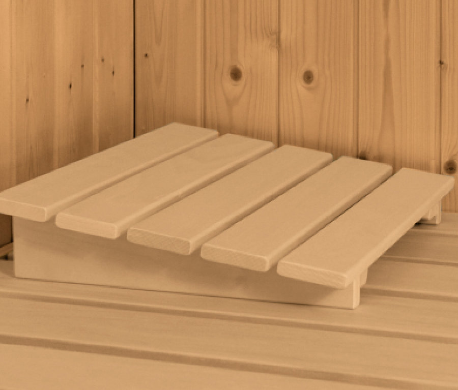 Holzfußstütze in einer Sauna.