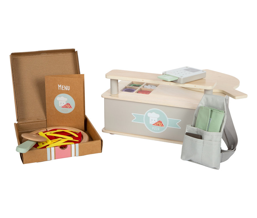 Spielzeug-Pizzastand aus Holz mit Box und Zubehör.