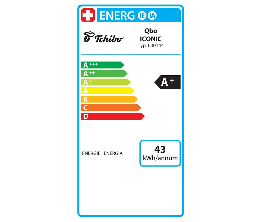 Energielabel für Qbo ICONIC. Klasse A+ mit einem jährlichen Verbrauch von 43 kWh.
