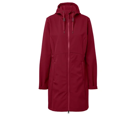 Bordeauxrote Jacke mit Kapuze und Reißverschluss.
