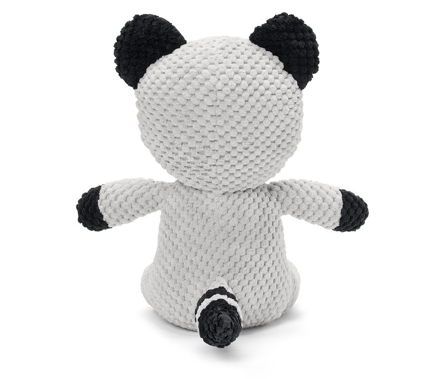 Rückseite eines Plüschpandas mit schwarzen Ohren, Armen und Schwanz auf weißem Hintergrund.