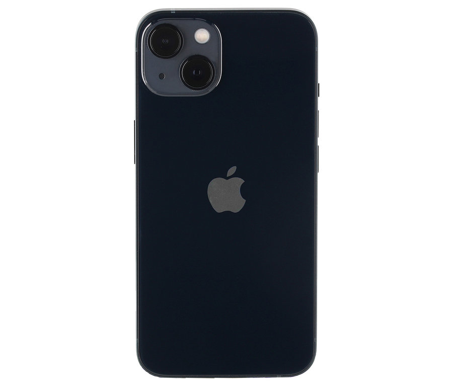 Detailansicht der Rückseite eines Apple iPhones. Das Telefon ist mitternachtsblau und das Apple-Logo ist sichtbar. Zu sehen ist ein Apple iPhone 13 128GB mitternacht.