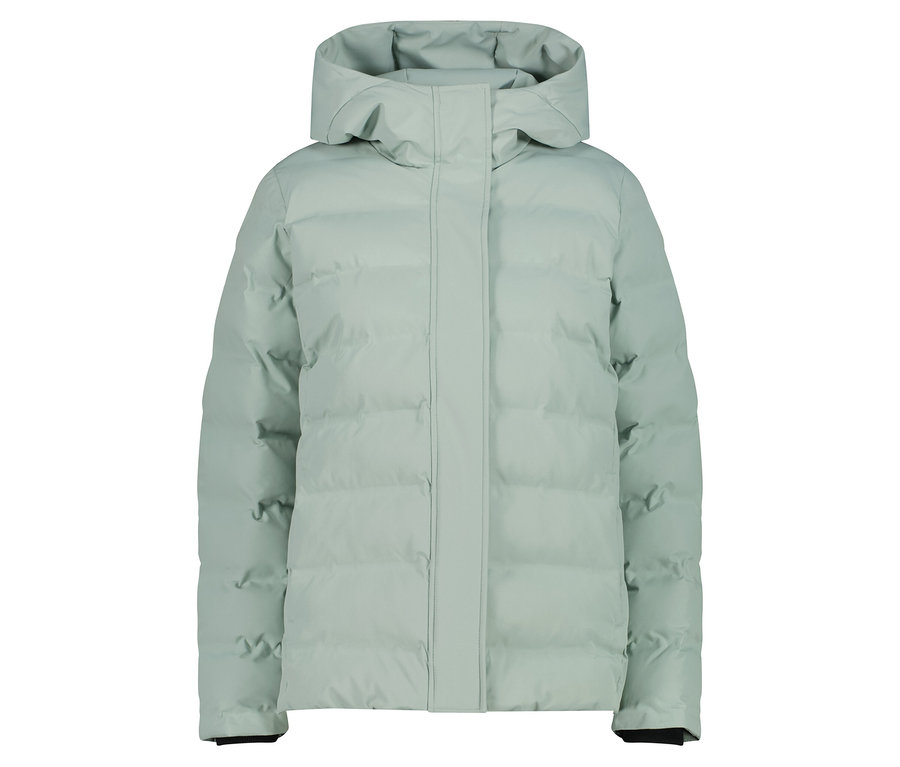 Hellgrüne Daunenjacke mit Kapuze.