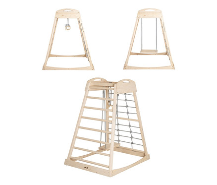 Drei Ansichten des roba Indoor-Spielturms: mit Ringen, Schaukel und Sprossenwand/Netzwand.