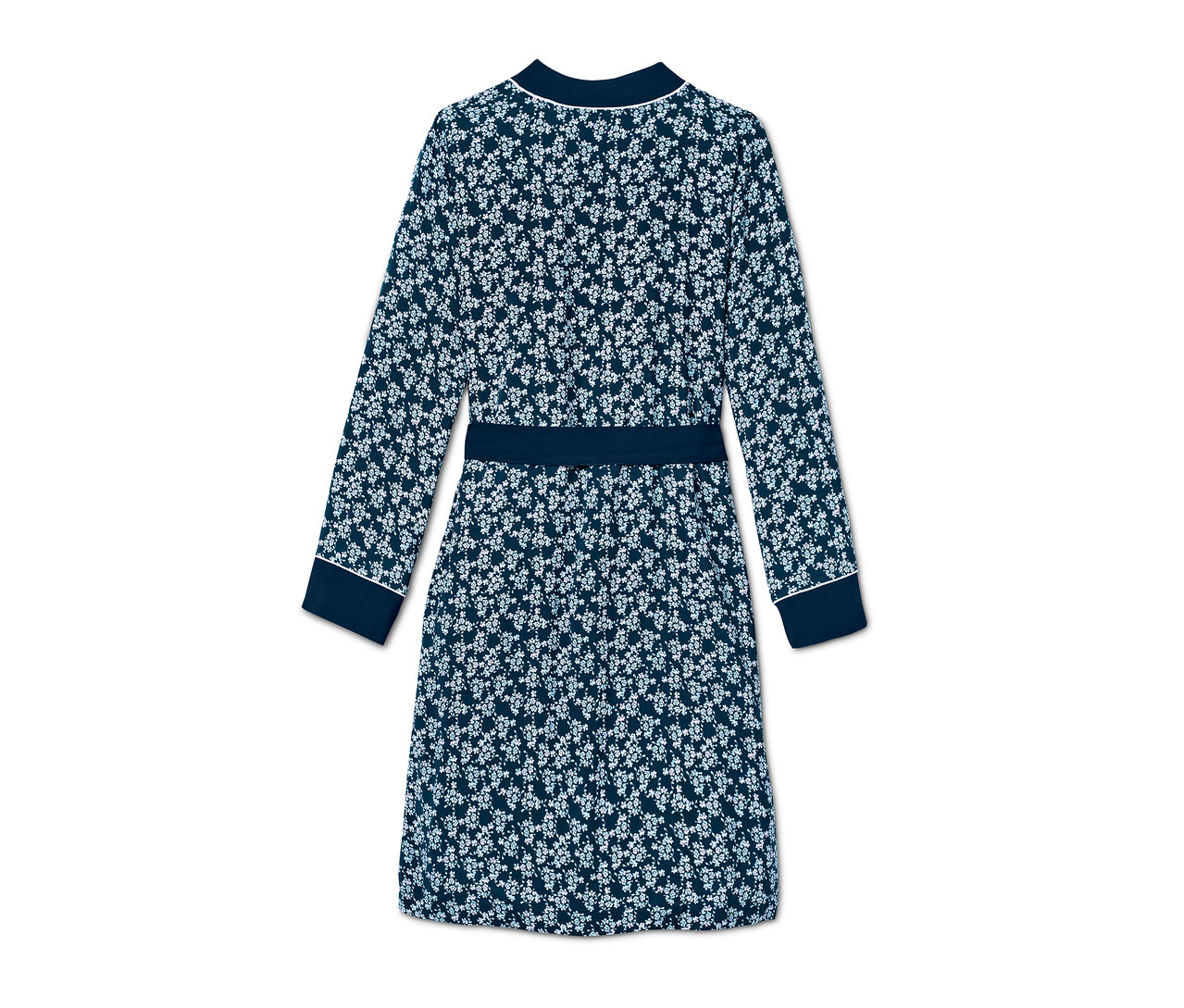 Rückansicht eines Morgenmantels mit Blumenmuster und Gürtel.