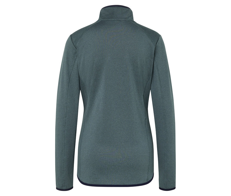 Rückansicht einer grünen Fleecejacke mit durchgehendem Reißverschluss.