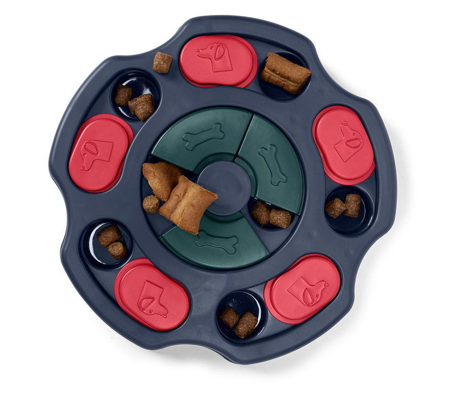 Interaktives Hundespielzeug mit Leckerlis in Blau, Rot und Grün.