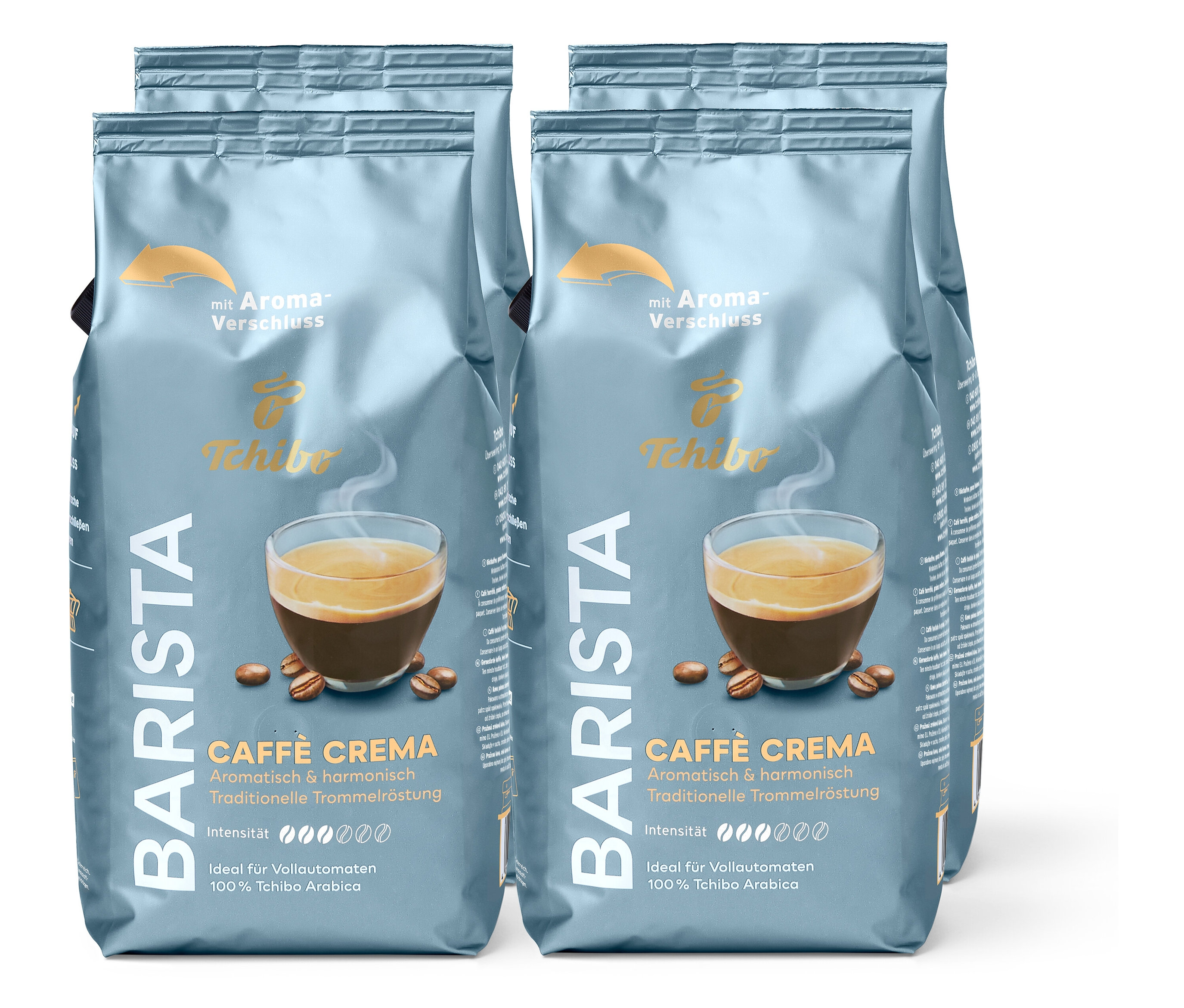 Vier Packungen Barista Caffè Crema Kaffeebohnen.