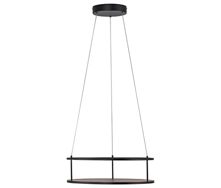 Schwarze Hängeleuchte mit rundem Holzregal.