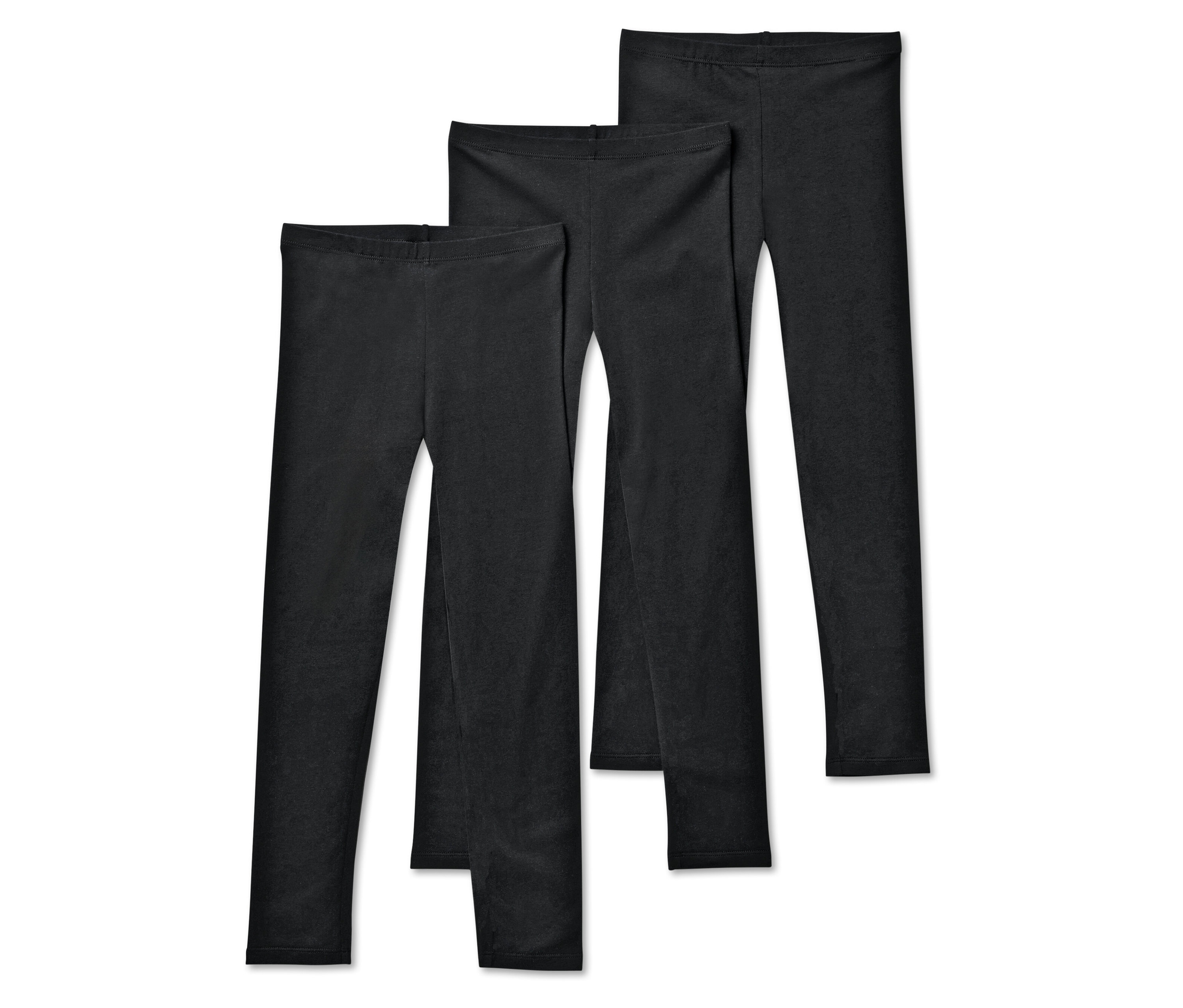Drei schwarze Leggings liegen nebeneinander.