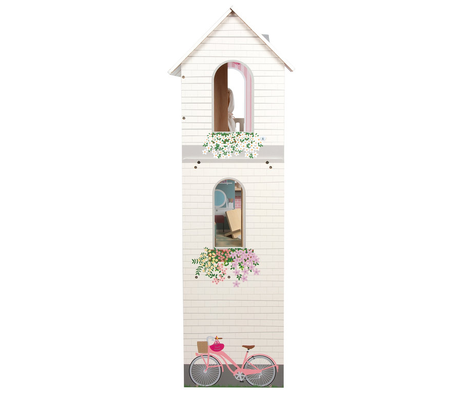 Drei Stockwerke des small foot Puppenhaus »Traumvilla XL« sind mit einem rosa Fahrrad davor abgebildet.