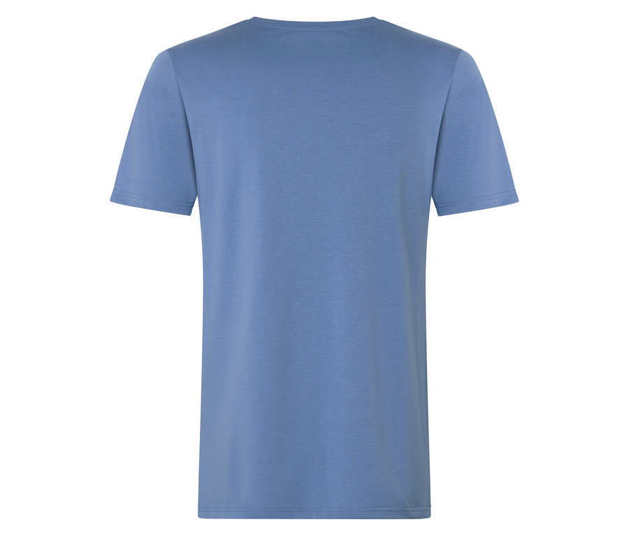 Rückansicht eines hellblauen T-Shirts.