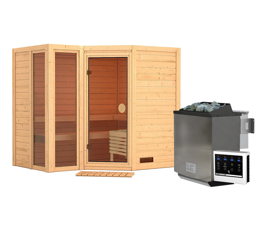 Karibu Sauna »Ayla«, Eckeinstieg mit Glastür und Ofen.