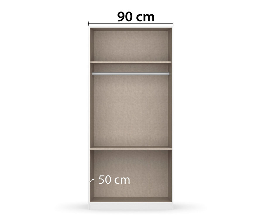 Innenansicht eines Kleiderschranks Joel mit Regalen und Kleiderstange.