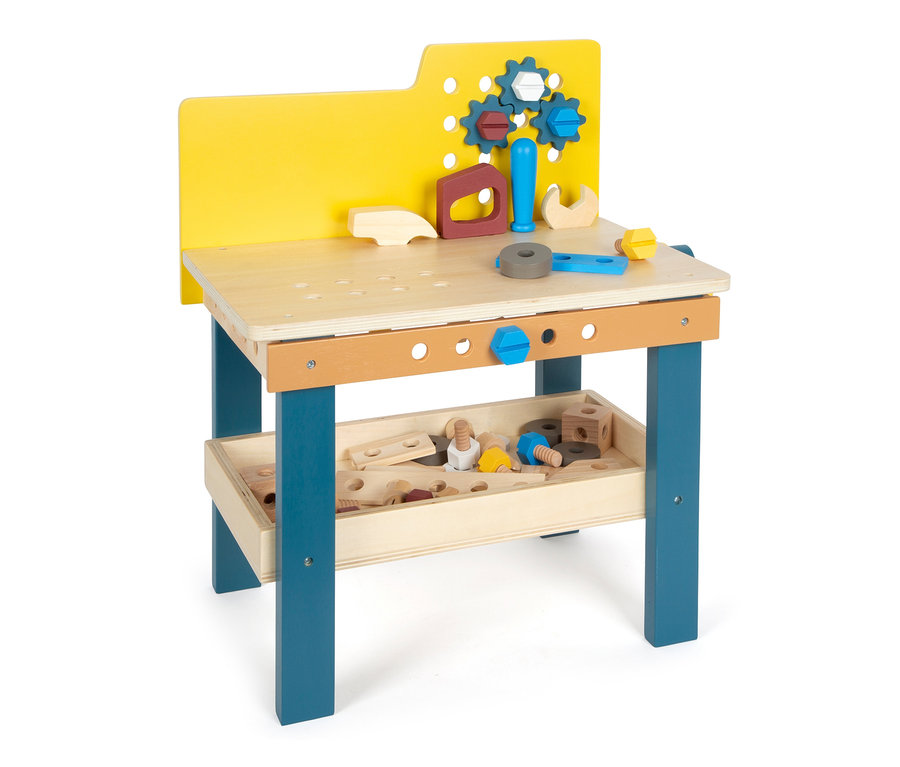 Eine hölzerne Kinderwerkbank mit Werkzeug.