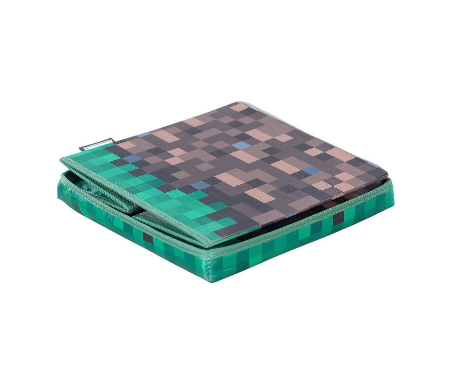 Eine quadratische, zusammenklappbare Minecraft Sitz- und Aufbewahrungsbox, klein, mit einem Deckel, der mit Pixeln aus Gras und Erde verziert ist.