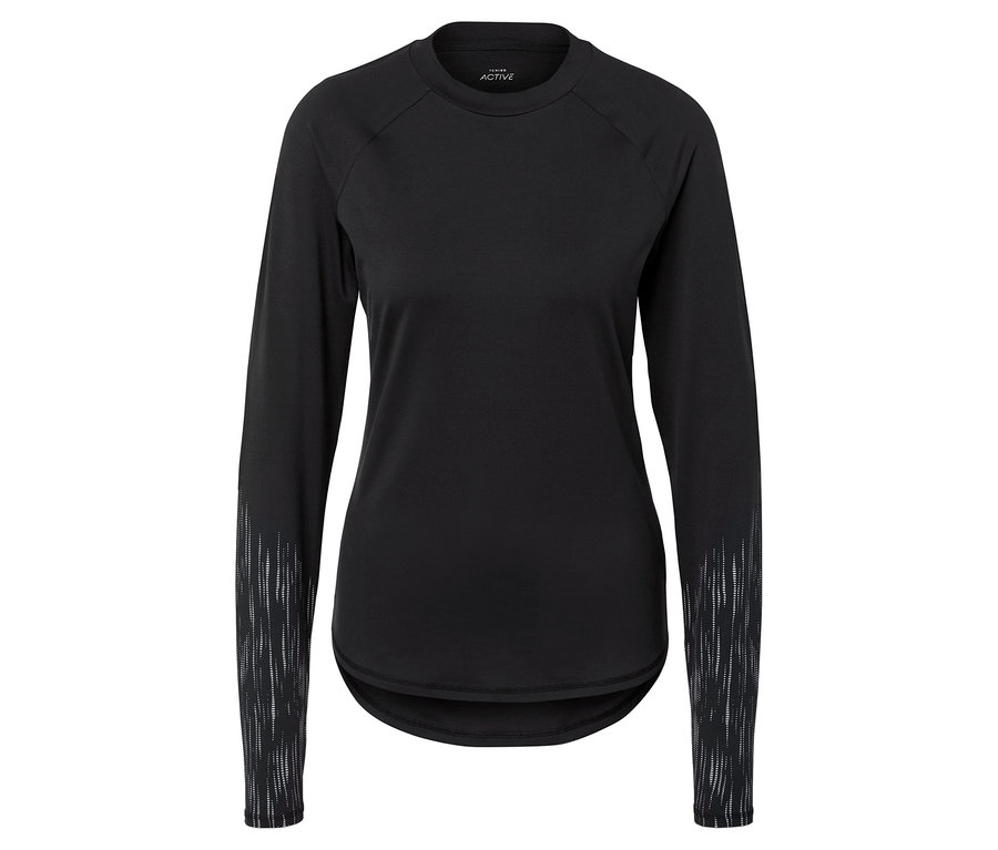 Schwarzes Langarmshirt mit Muster an den Ärmeln.