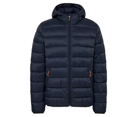 Marineblaue Steppjacke mit Kapuze und orangefarbenen Reißverschlussdetails.