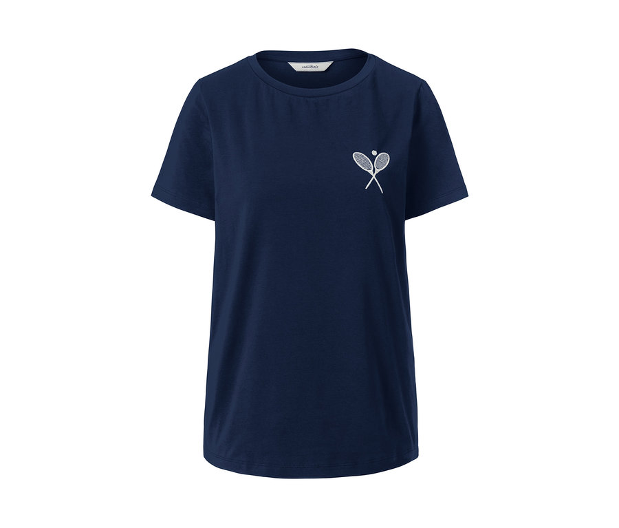 Dunkelblaues T-Shirt mit Stickerei von Tennisschlägern und Ball.