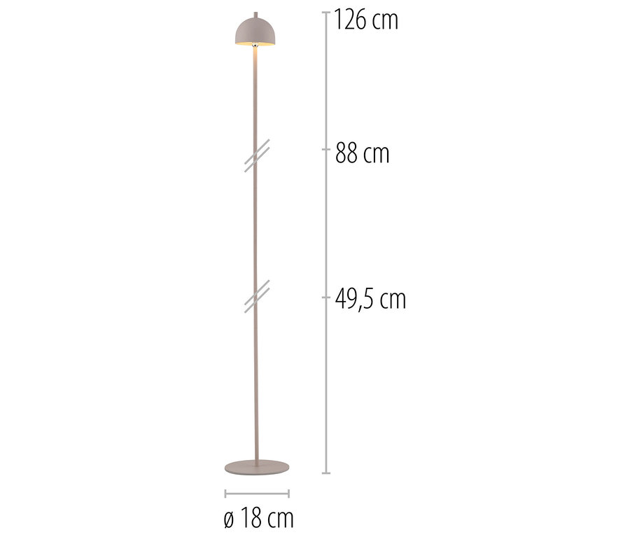 Abbildung einer Stehlampe mit den Maßen: Höhe 126 cm, Durchmesser des Sockels 18 cm, Höhe zum ersten Teil 49,5 cm und zum zweiten 88 cm.