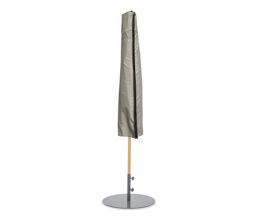 Grauer Leco Marktschirm in Holzoptik, inklusive Abdeckhaube.
