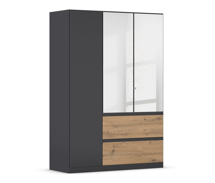 Ein dreitüriger Kleiderschrank »Joel« mit Spiegel, grau metallic/Eiche Artisan.