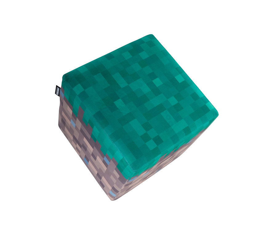 Ein 2 roba Minecraft Sitzhocker, der wie ein Minecraft-Block mit grünem Oberteil und braunem Unterteil aussieht.