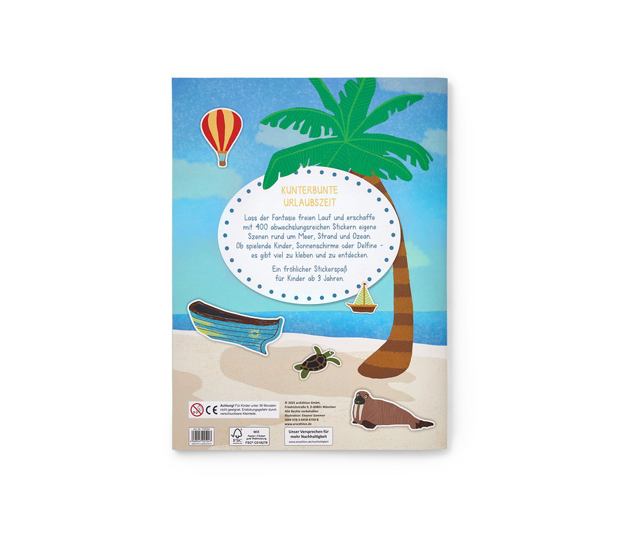 Cover des Stickerbuchs »Am Meer« mit Illustrationen von Strand, Palme und Meerestieren.