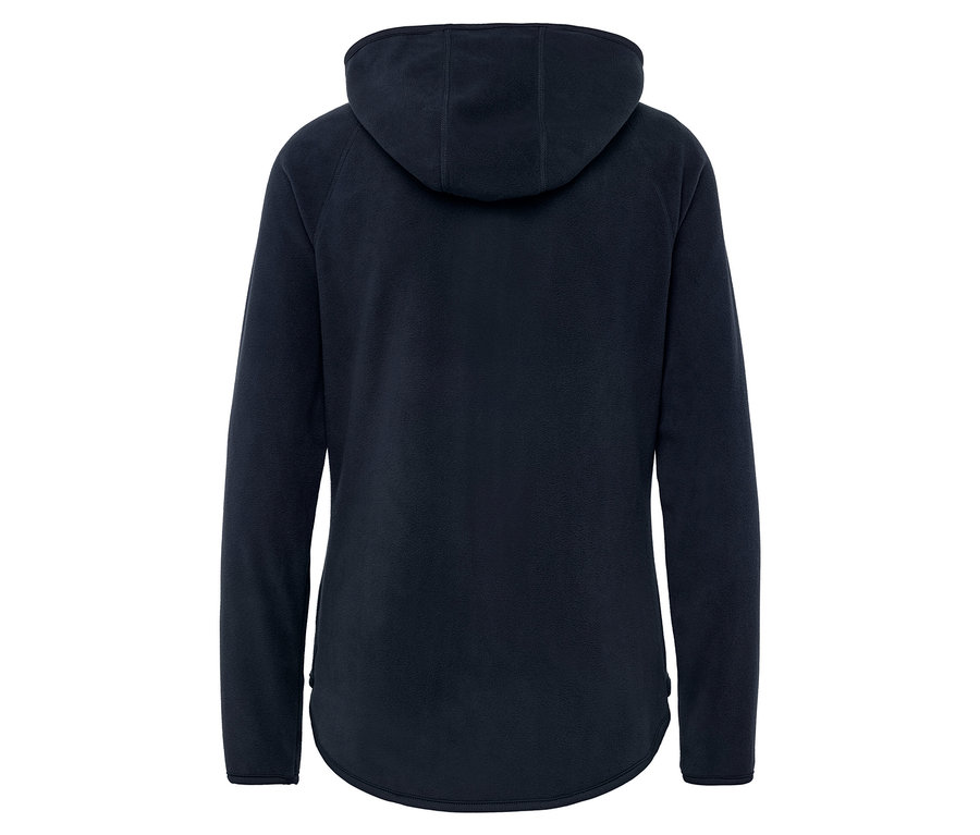 Dunkelblaue Fleecejacke mit Kapuze, Rückansicht.