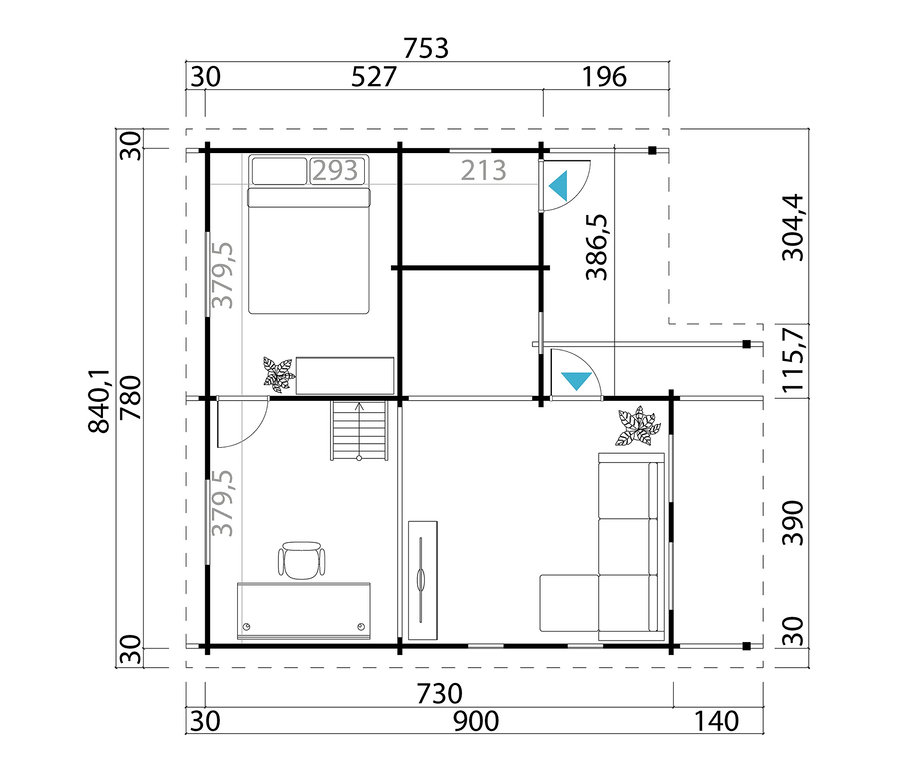 Grundriss des zweistöckigen Weka Wochenendhauses mit 66 m2 Wohnfläche und 70 mm Wandstärke mit Bemaßung.