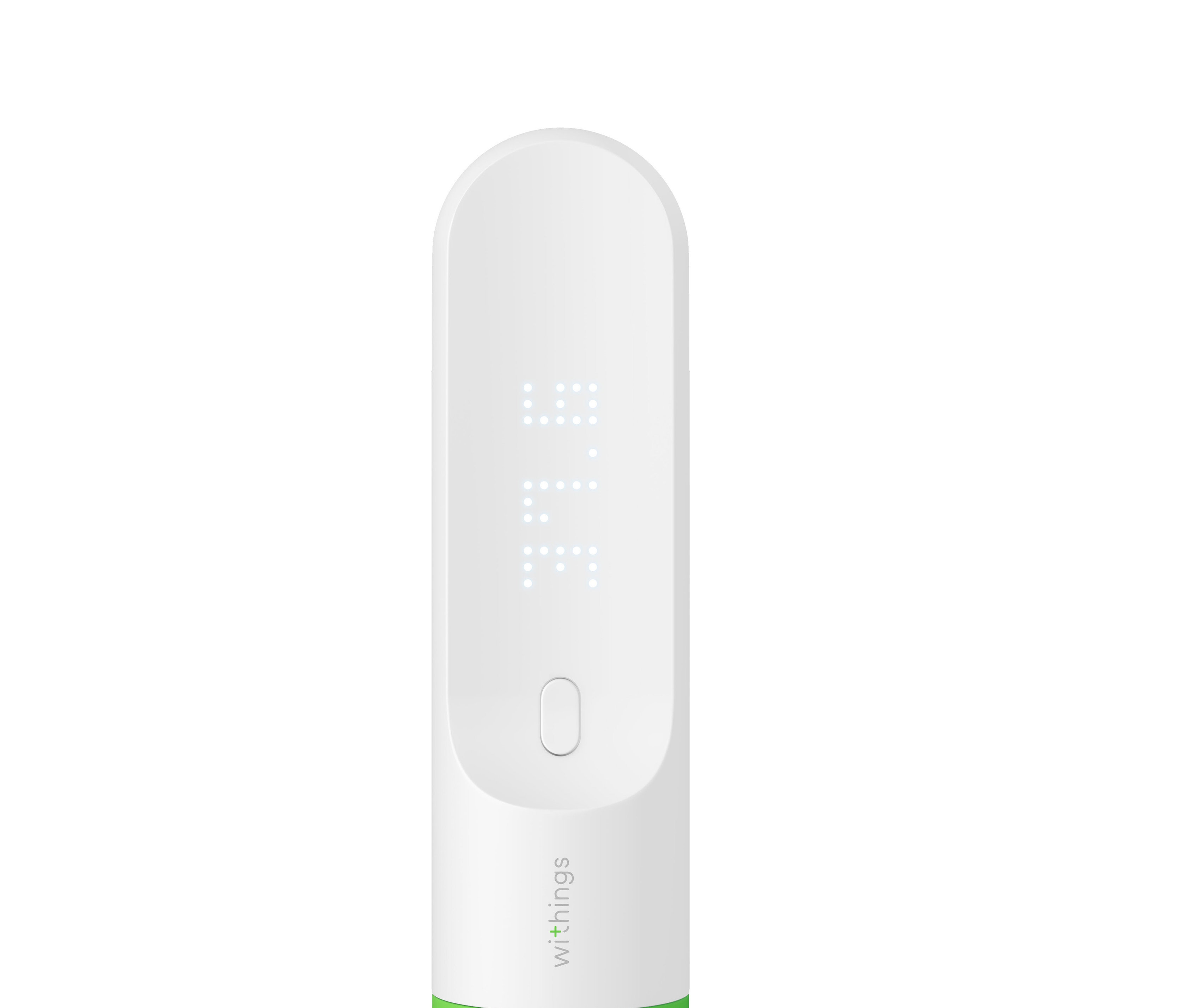 Ein weißes Withings Fieberthermometer mit Display und grünem Boden.
