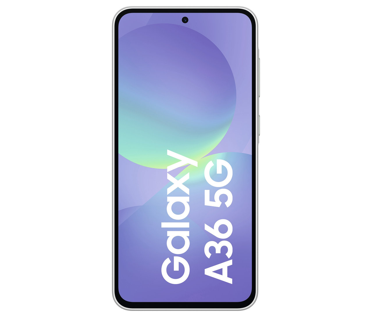 Weißes Samsung Galaxy A36 5G Smartphone mit farbigem Display.