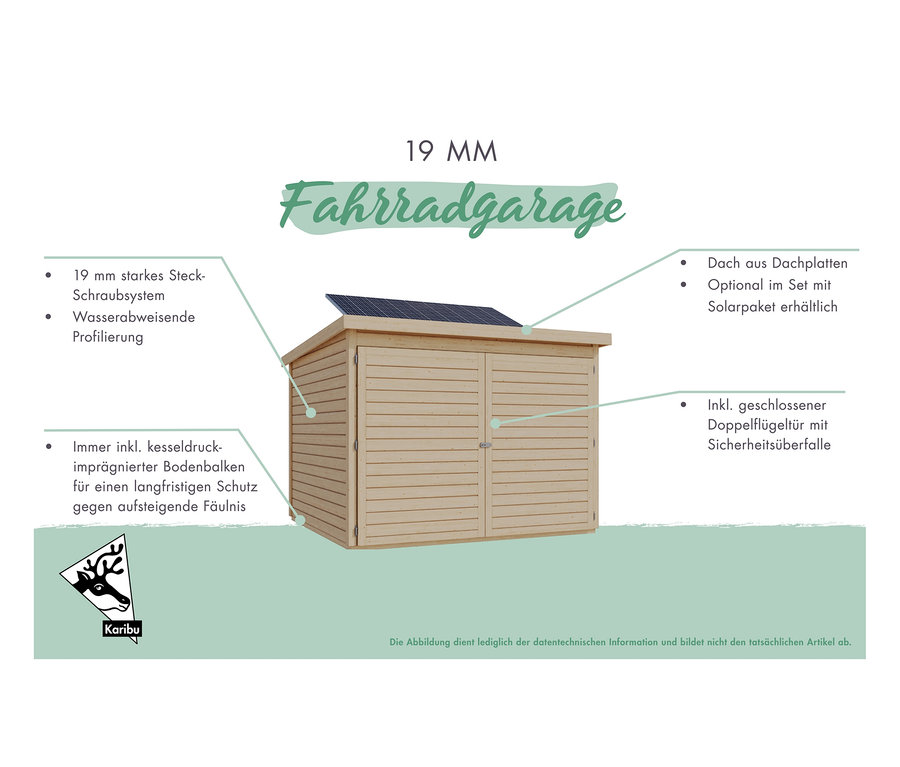 Illustration einer terragrauen Karibu Fahrradgarage. Die Garage hat ein Solarpaket und eine Doppelflügeltür.