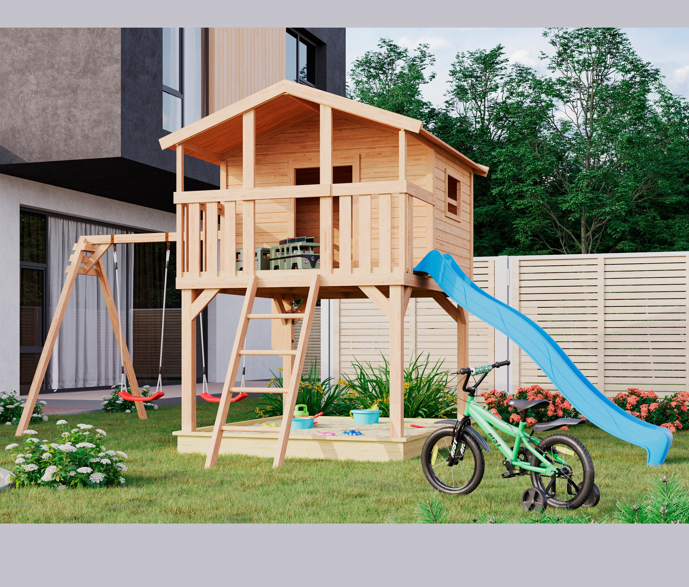 Karibu-Stelzenhaus »Benjamin« in Naturfarbe mit Schaukel, Sandkasten, Rutsche und Fahrrad steht auf einer Wiese neben einem Haus.