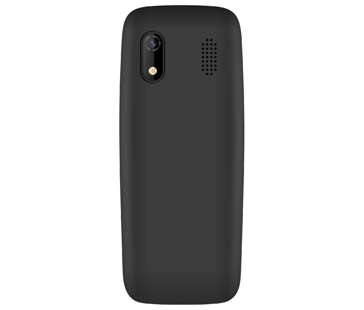 Detailansicht der Rückseite eines schwarzen Mobiltelefons vom Typ Bea-fon C80 LTE in Schwarz.