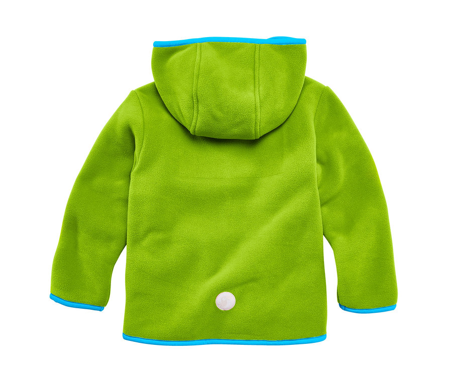 Rückansicht einer grünen Fleecejacke mit Kapuze und blauen Akzenten. Sichtbar ist die Jako-O Kuschelfleecejacke, grün.