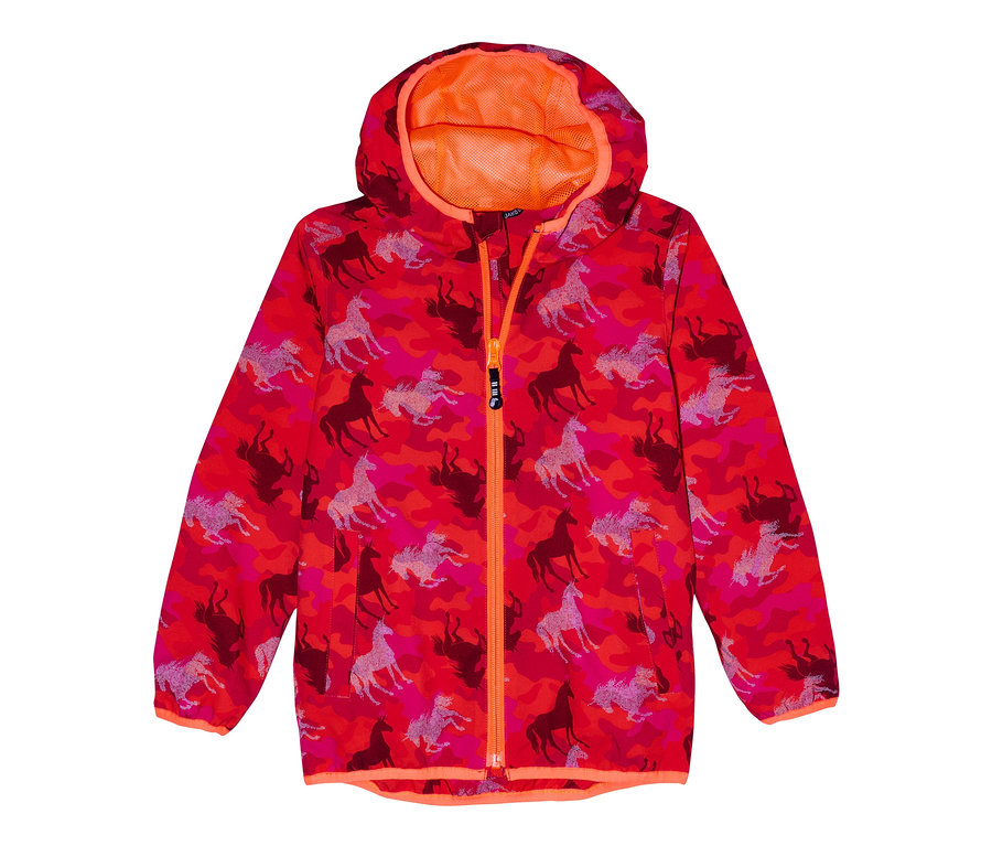 Rote Softshelljacke mit Kapuze und Pferdemuster.