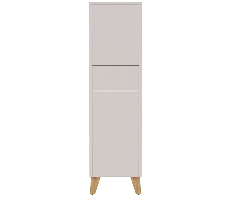 Ein schmaler, hellgrauer Schrank mit einer Schublade und hölzernen Füßen.