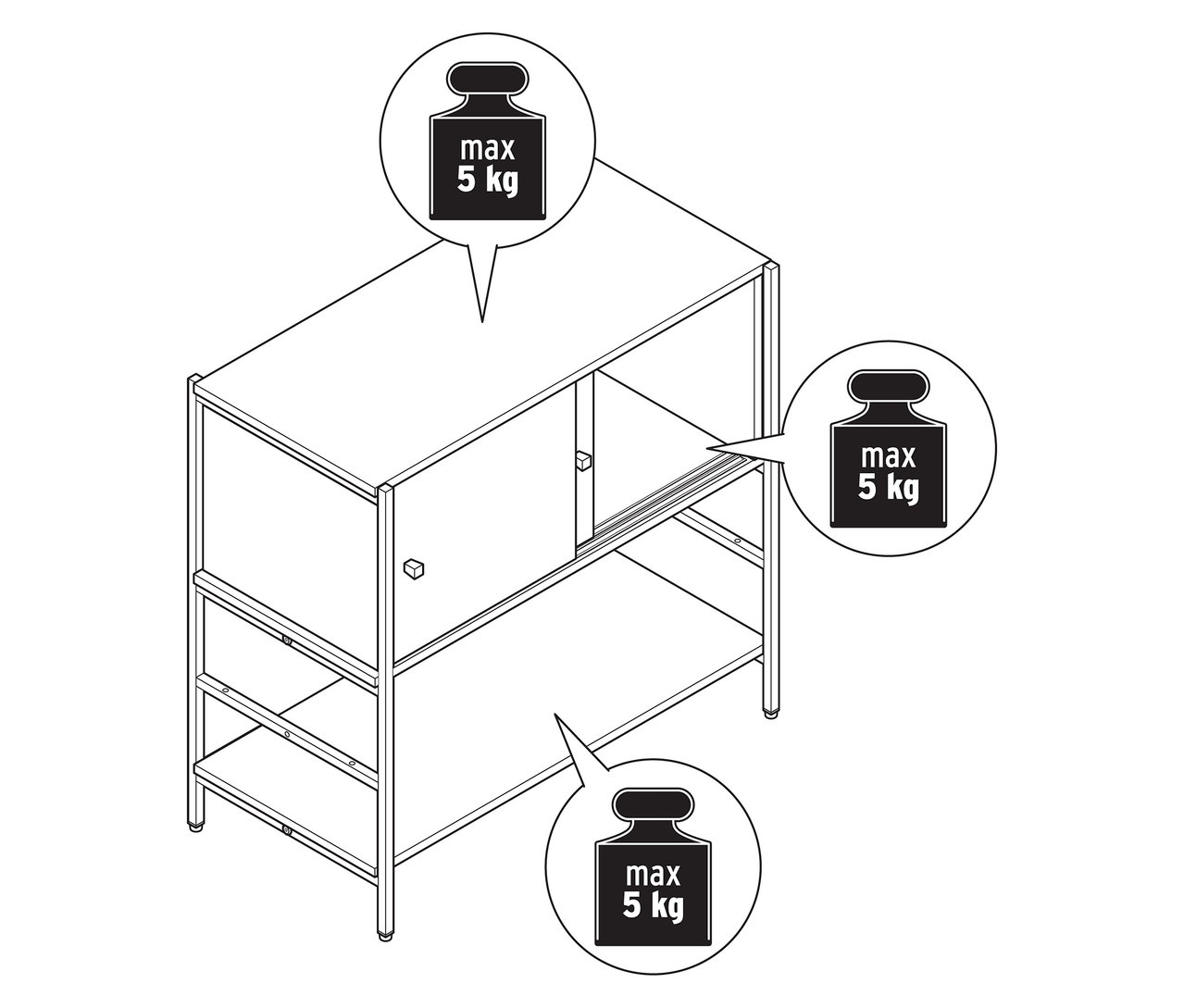Draufsicht eines Kindersideboards »GRADE« mit Schiebetüren in Holzoptik und Grau, mit Hinweisen zum maximalen Gewicht.